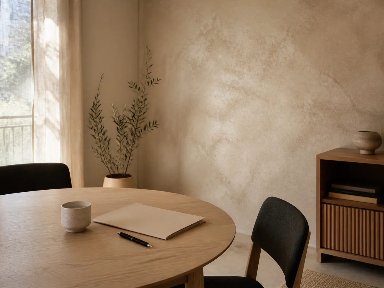 Sala de consulta ficticia de tonos cálidos y materiales naturales