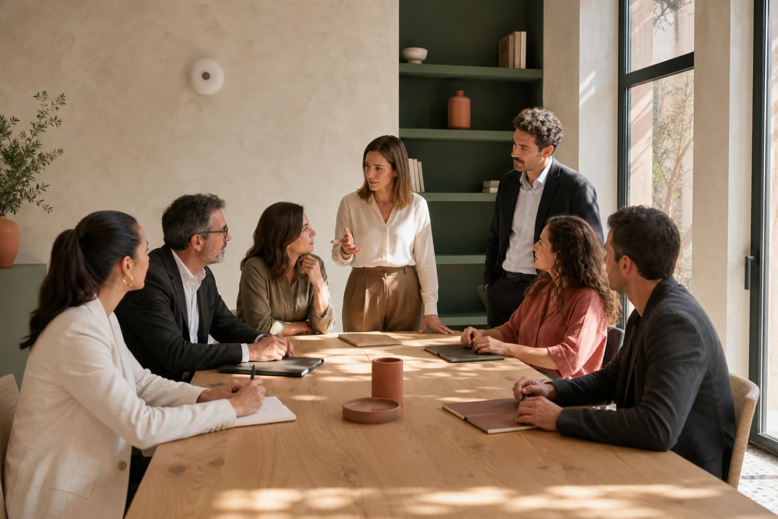 Siete profesionales ficticios conversan alrededor de una mesa de trabajo