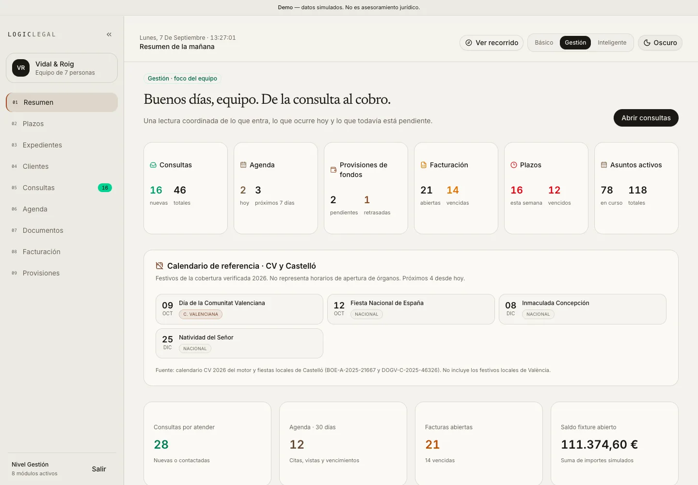 Vista real del gestor Gestión con datos simulados