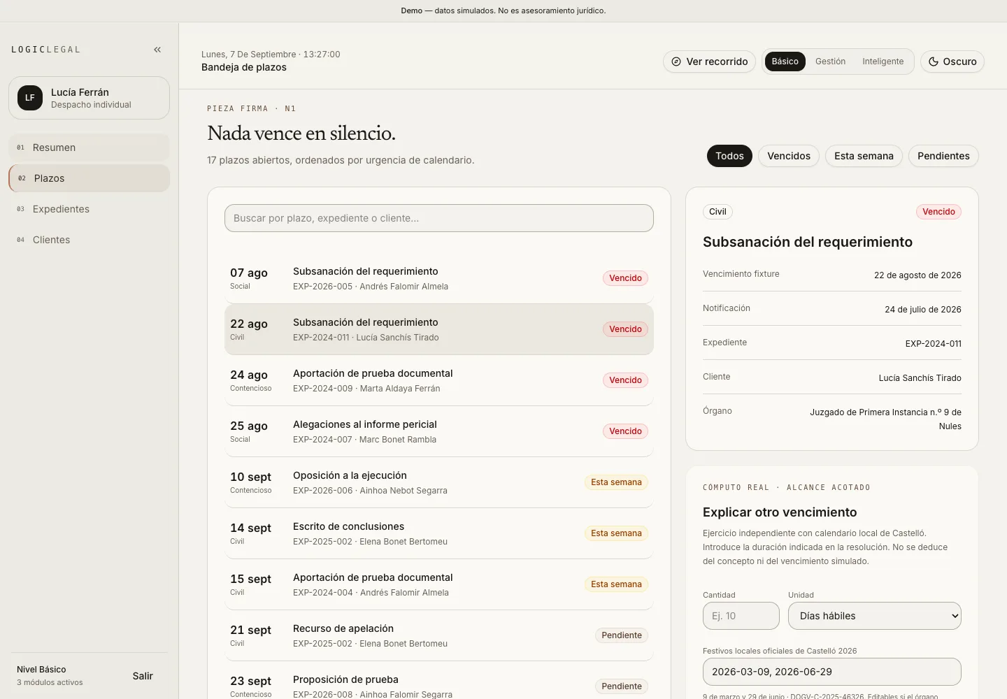 Captura real: Bandeja de plazos