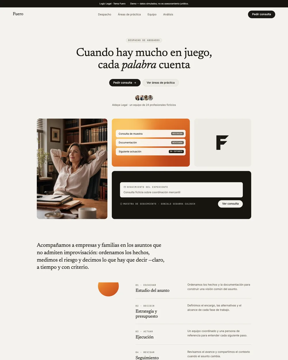Vista real de la web Fuero con datos simulados